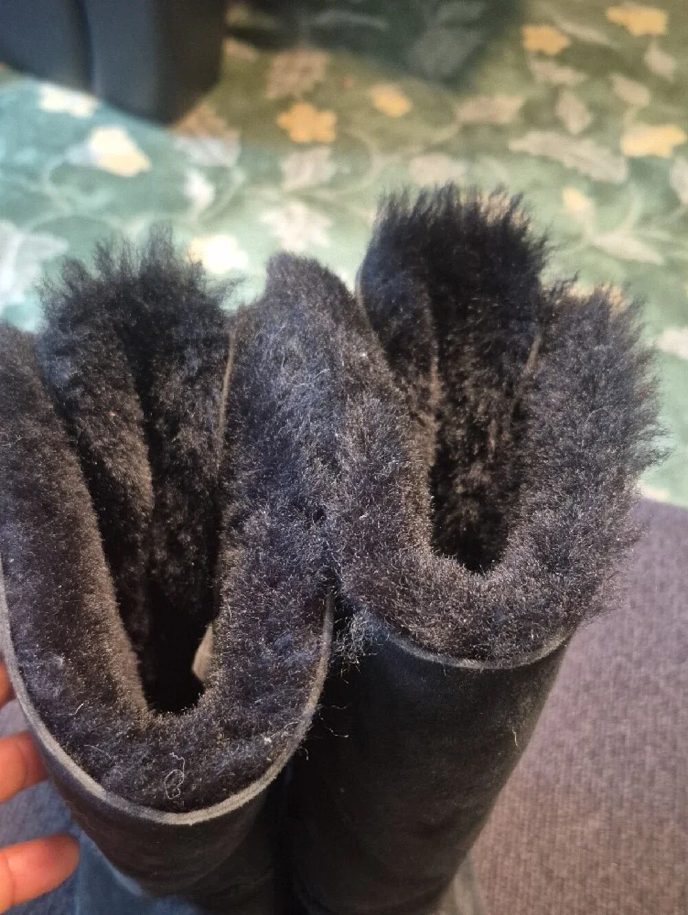 UGG Black Suede Mid-Calf Shearling Boots with Back Bow Detail